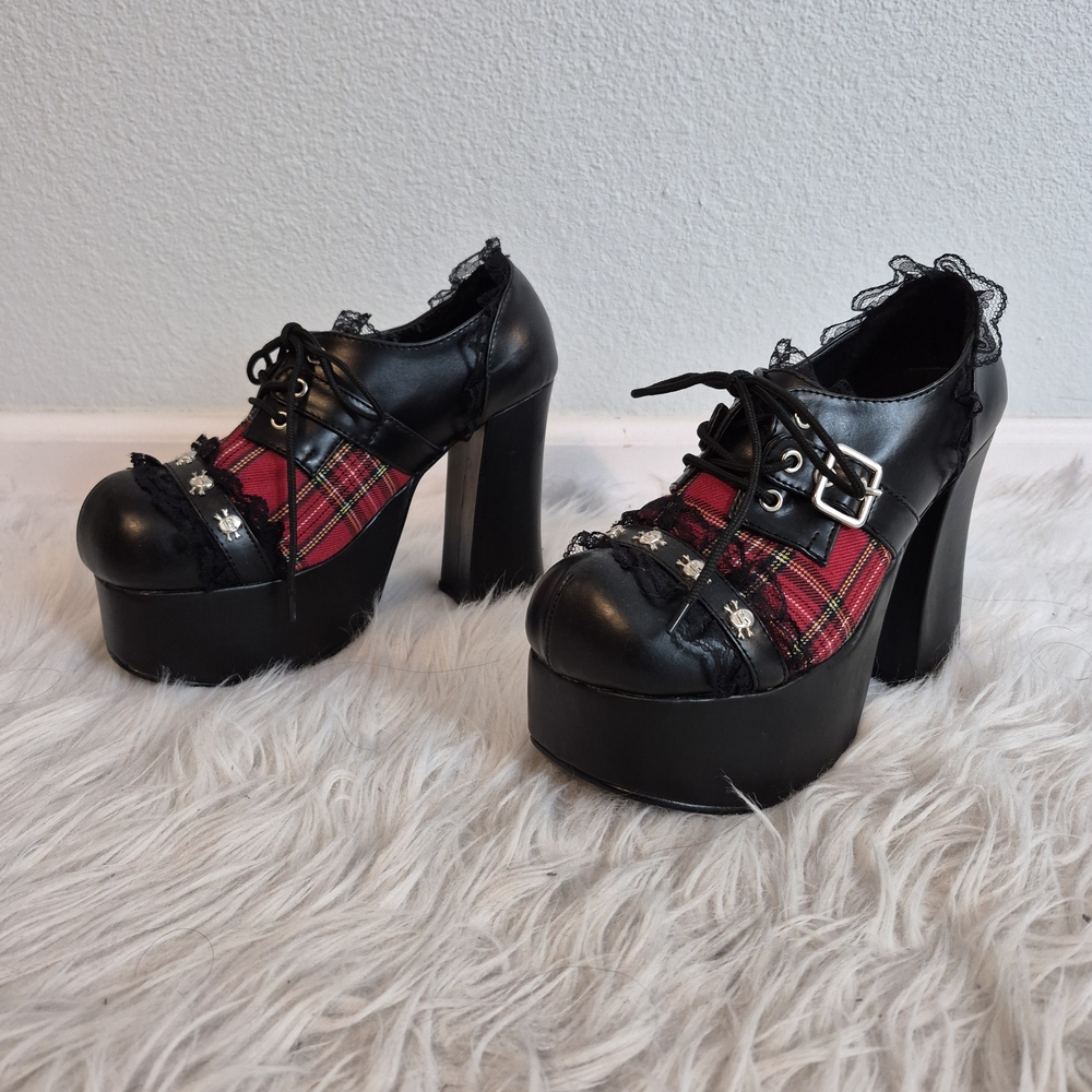 Demonia Charade 34 Black and Red Plaid Chunky Platform Shoes Size 8
